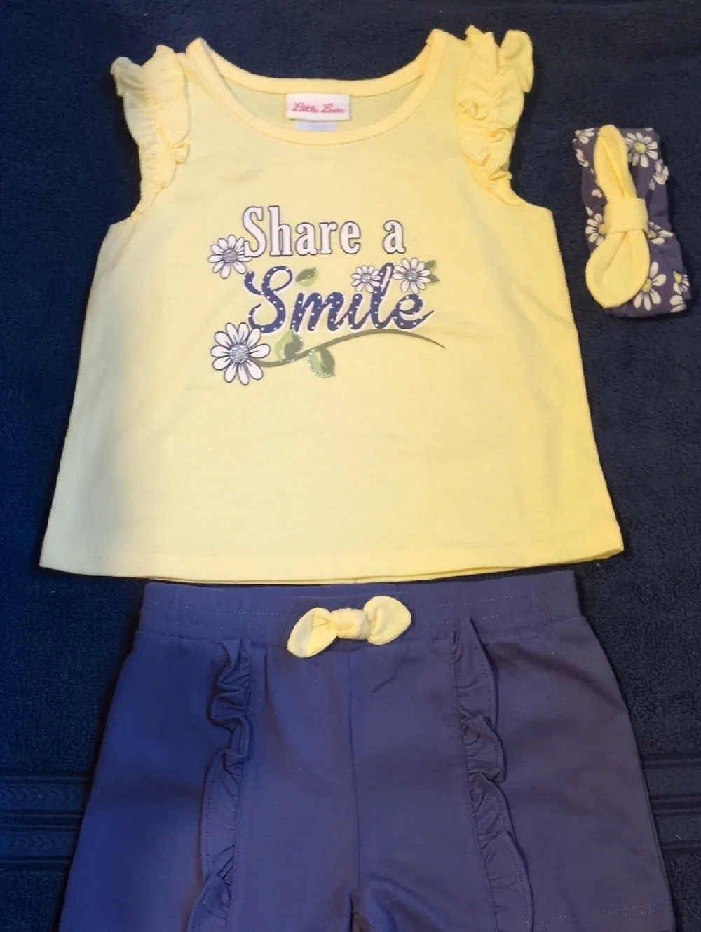 Little Lass 4 PC Daisy Stripe Tank & Shorts/Navy Shorts/Yellow Tank Headband 3T - Picture 4 of 7